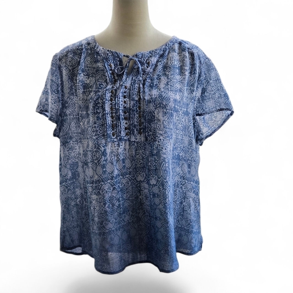 Laura Scott Blue and White Patterned Women's XL Studded Top Tie Neck Boho Chic